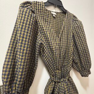 Plaid V-Neck Dress with Puff Sleeves